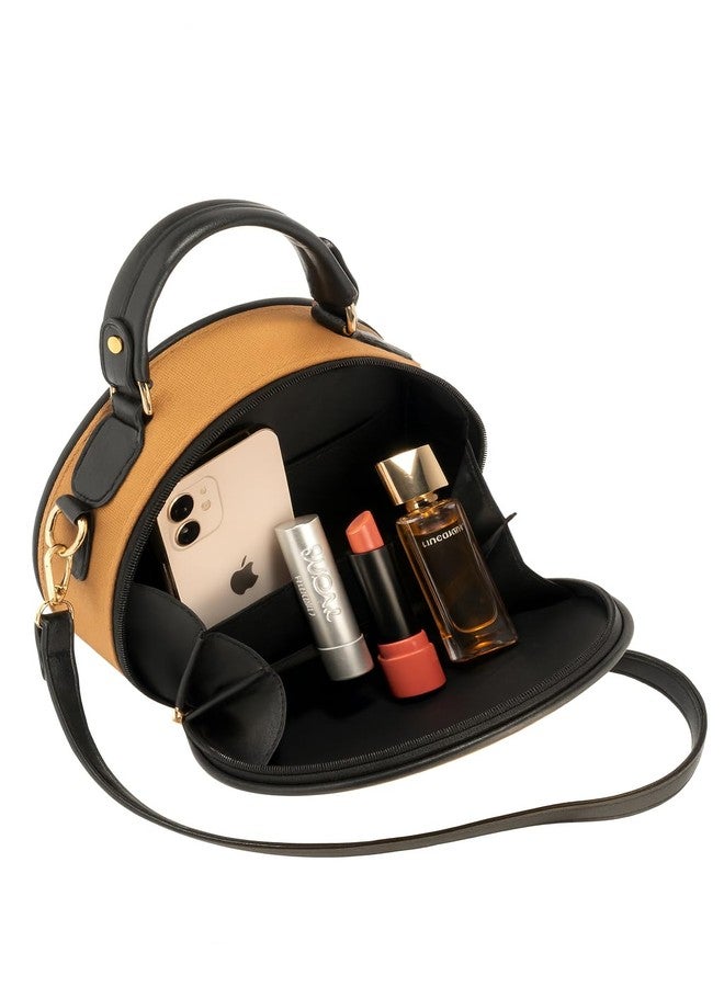 FUOCO Women’s Sling Bag | Stylish Crossbody Handbag for Women | Small Round Purse, Mini Shoulder Bag, Ladies Sling Bag for Women Latest, Casual Travel Bag, Moon Bag Trend (Black/Tan) - Image 2